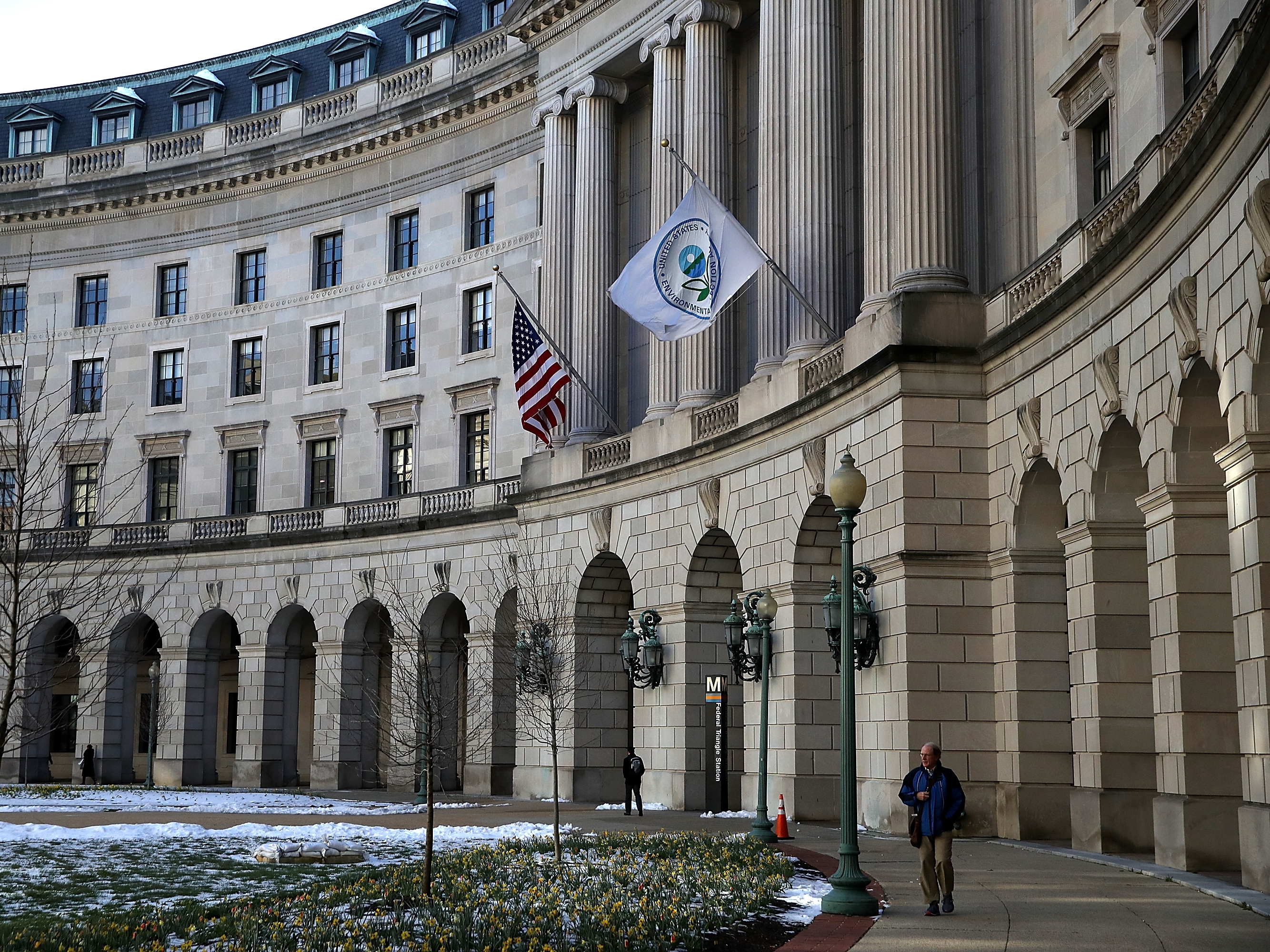 caption: A view of the U.S. Environmental Protection Agency headquarters on March 16, 2017 in Washington, D.C. EPA employees are among the federal workers who have negotiated telework arrangements in their collective bargaining contracts.