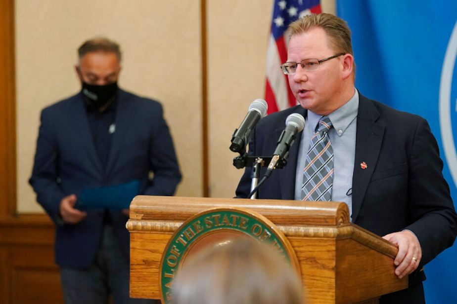 caption: Washington state Superintendent of Public Instruction Chris Reykdal speaks at a news conference Wednesday, Aug. 18, 2021, at the Capitol in Olympia.