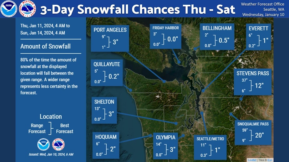 caption: The National Weather Service in Seattle published this graphic, estimating snowfall in Western Washington between Jan. 11-14, 2023.