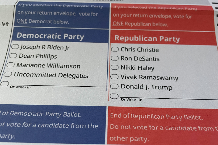 caption: Democrats and Republicans listed on the 2024 presidential primary ballot in Washington state. 