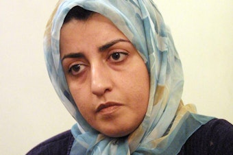 caption: Narges Mohammadi seen at her home in Tehran in 2001. Mohammadi, now imprisoned, was awarded the 2023 Nobel Peace Prize for her efforts to ensure women's rights in Iran.