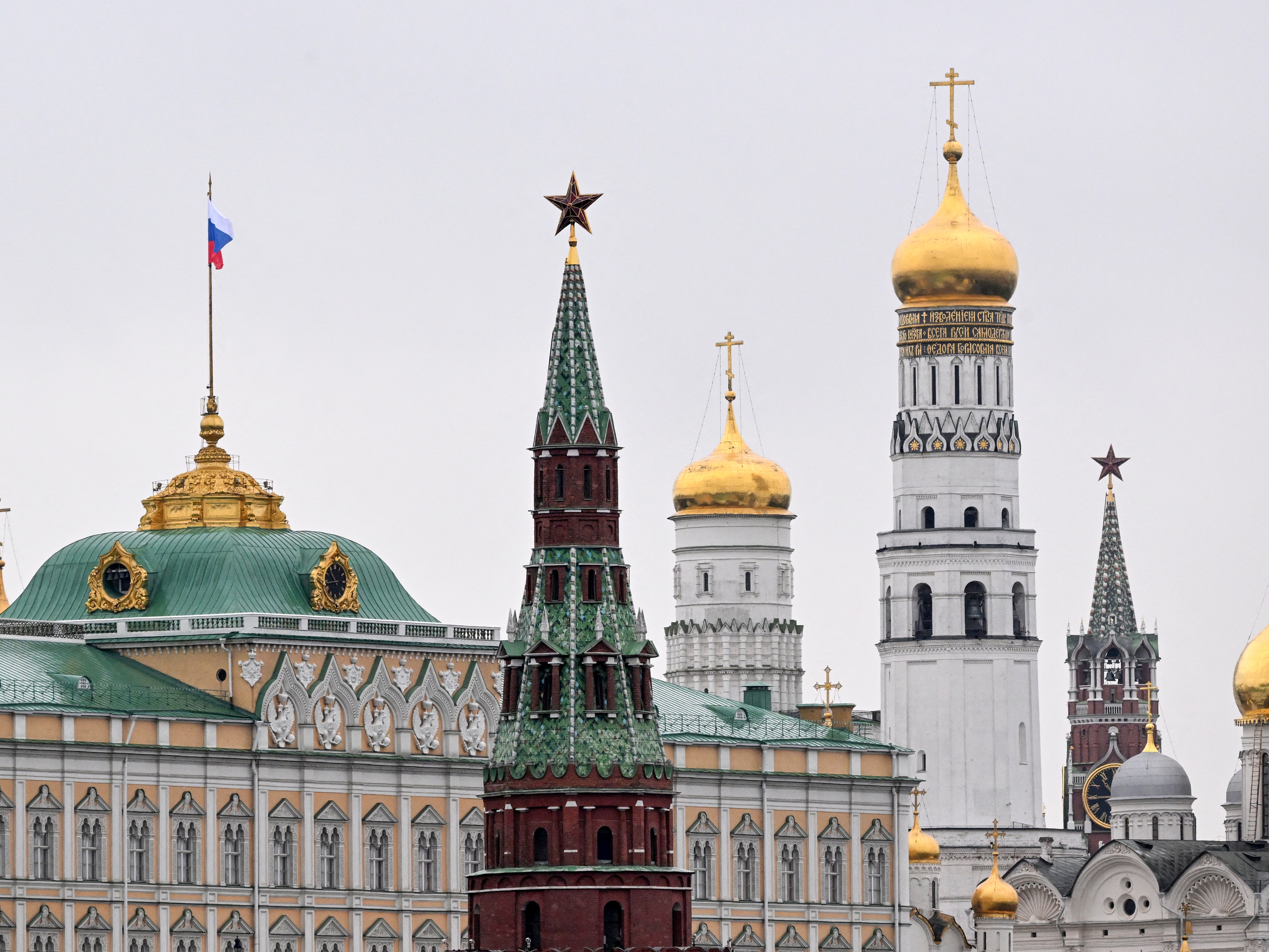 caption: A general view to the Kremlin towers and Ivan the Great cathedral in May 2024. U.S. intelligence officials say Russia was behind an attempt to spread baseless claims about Democratic vice presidential candidate Tim Walz.