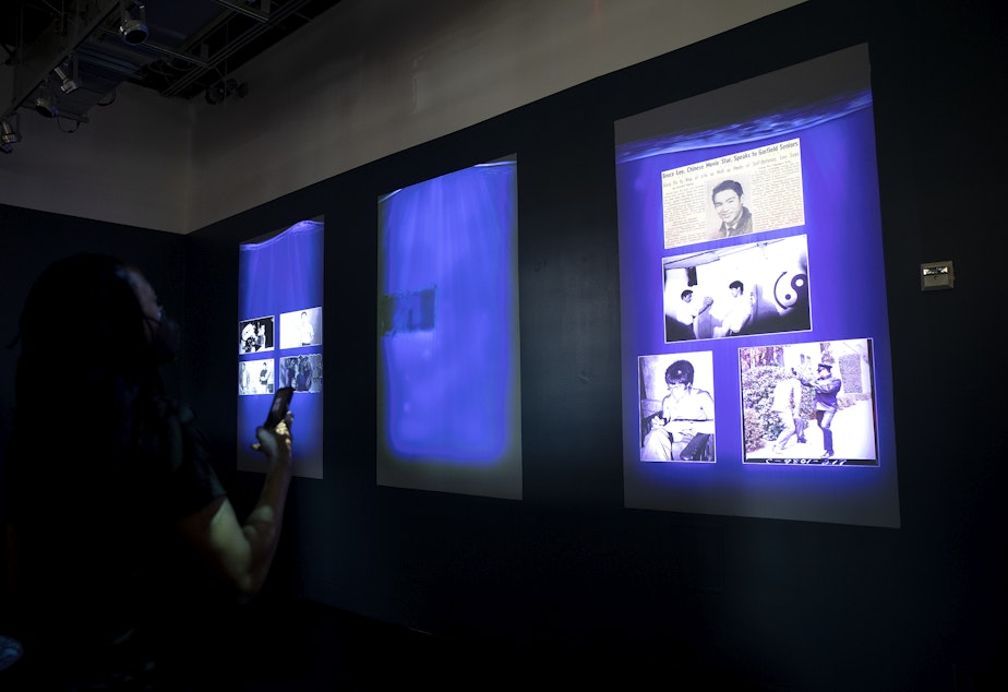 Caption: An interactive part of the exhibit, Be Water, My Friend: The Teachings of Bruce Lee, is on display Friday, July 8, 2022 at the Wing Luke Museum in Seattle.  The exhibition opens to the public on Saturday July 9.