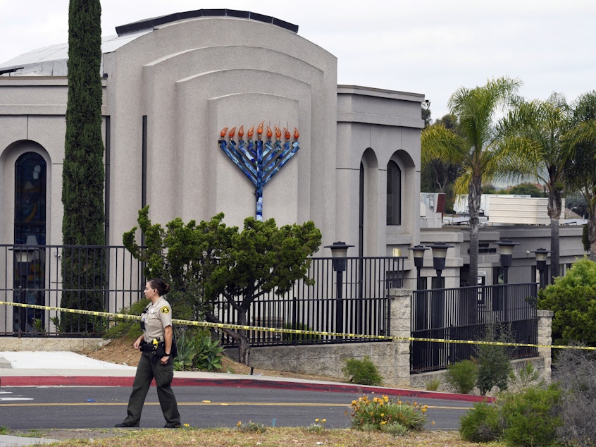 caption: The Poway Chabad Synagogue in Poway, Ca., was attacked last month when a gunman fired at Passover worshippers. The FBI says it is currently investigating 850 cases of domestic terrorism.