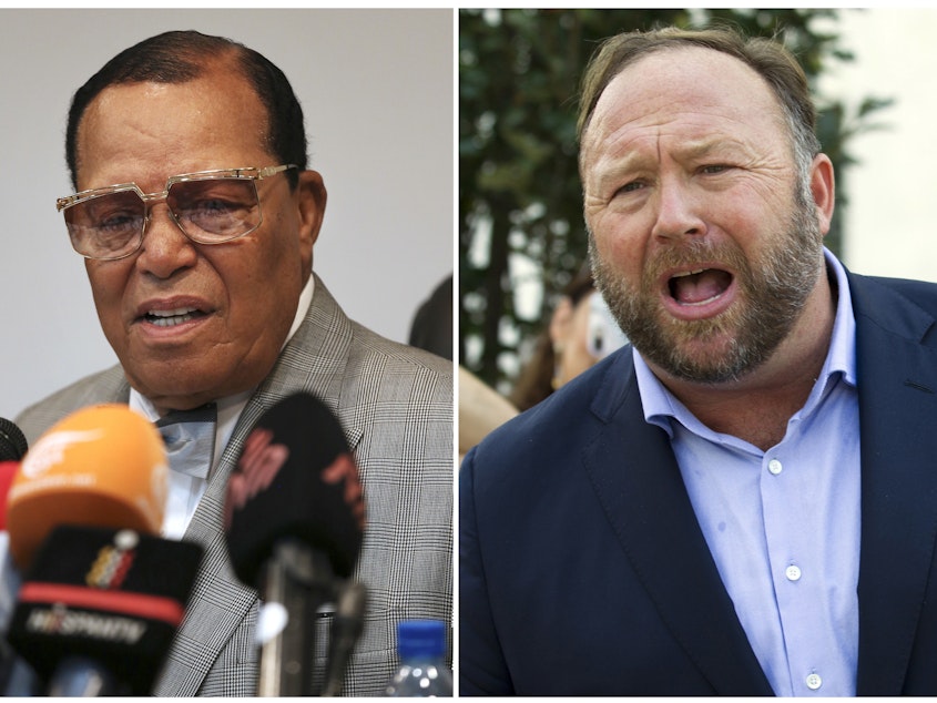 caption: This combination of 2018 file photos shows minister Louis Farrakhan, the leader of the Nation of Islam, and conspiracy theorist Alex Jones. Facebook has banned their accounts for violating its rules against hate speech.