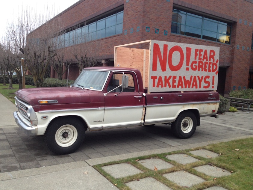caption: A truck outside the Boeing union rally on Thursday night.