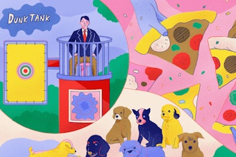 College vaccine incentives illustration with puppies, pizza and a dunk tank.