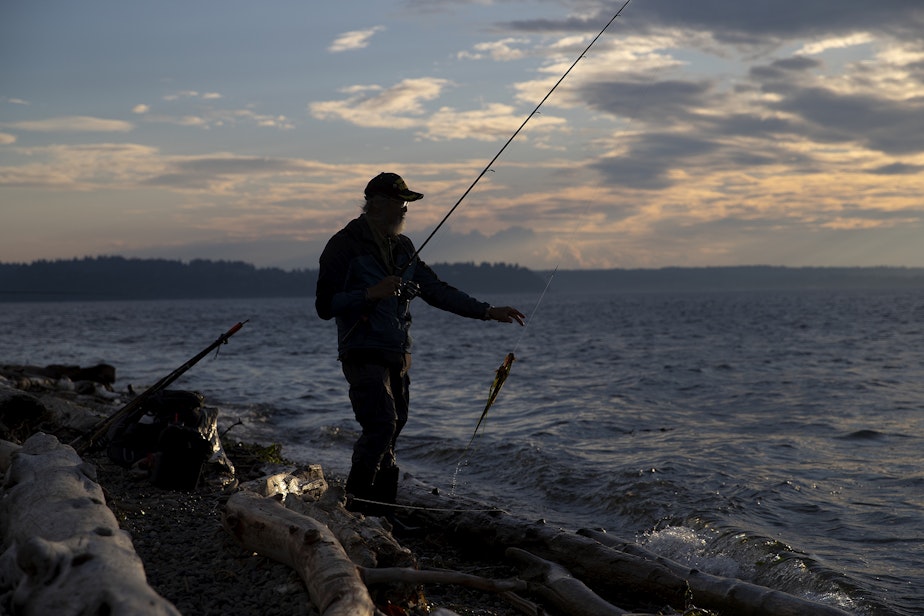 caption: Tom Molinas fishes for pink salmon on Thursday, August 31, 2023, at Lincoln Park in Seattle. 