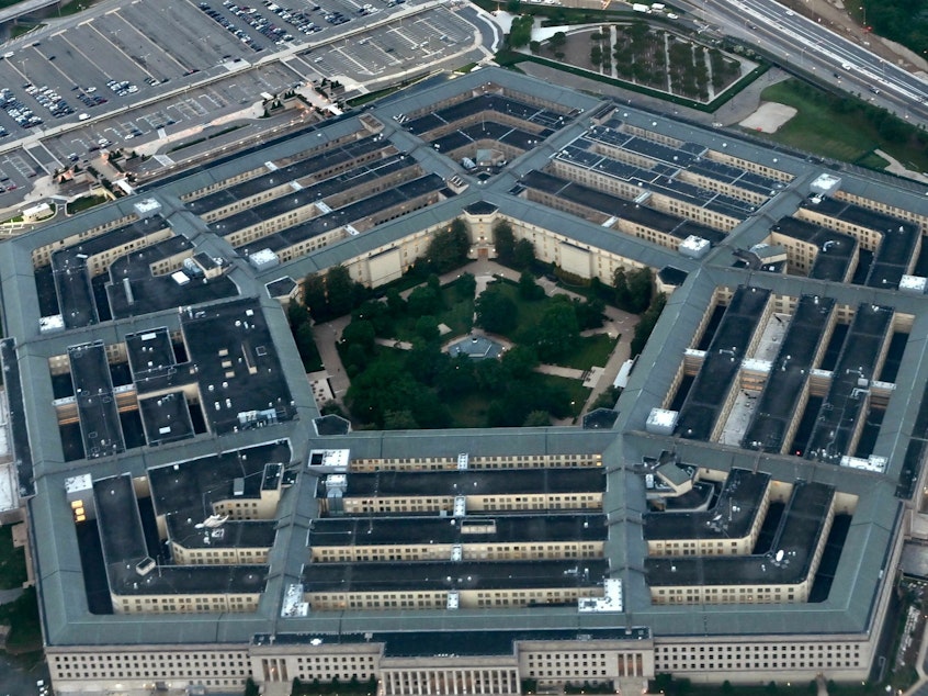 caption: An aerial view of The Pentagon on May 10, 2023. Images that purported to show smoke rising from the headquarters of the U.S. armed forces appear to have been generated by artificial intelligence tools.