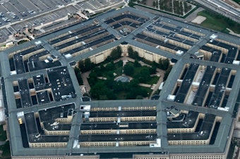 caption: An aerial view of The Pentagon on May 10, 2023. Images that purported to show smoke rising from the headquarters of the U.S. armed forces appear to have been generated by artificial intelligence tools.