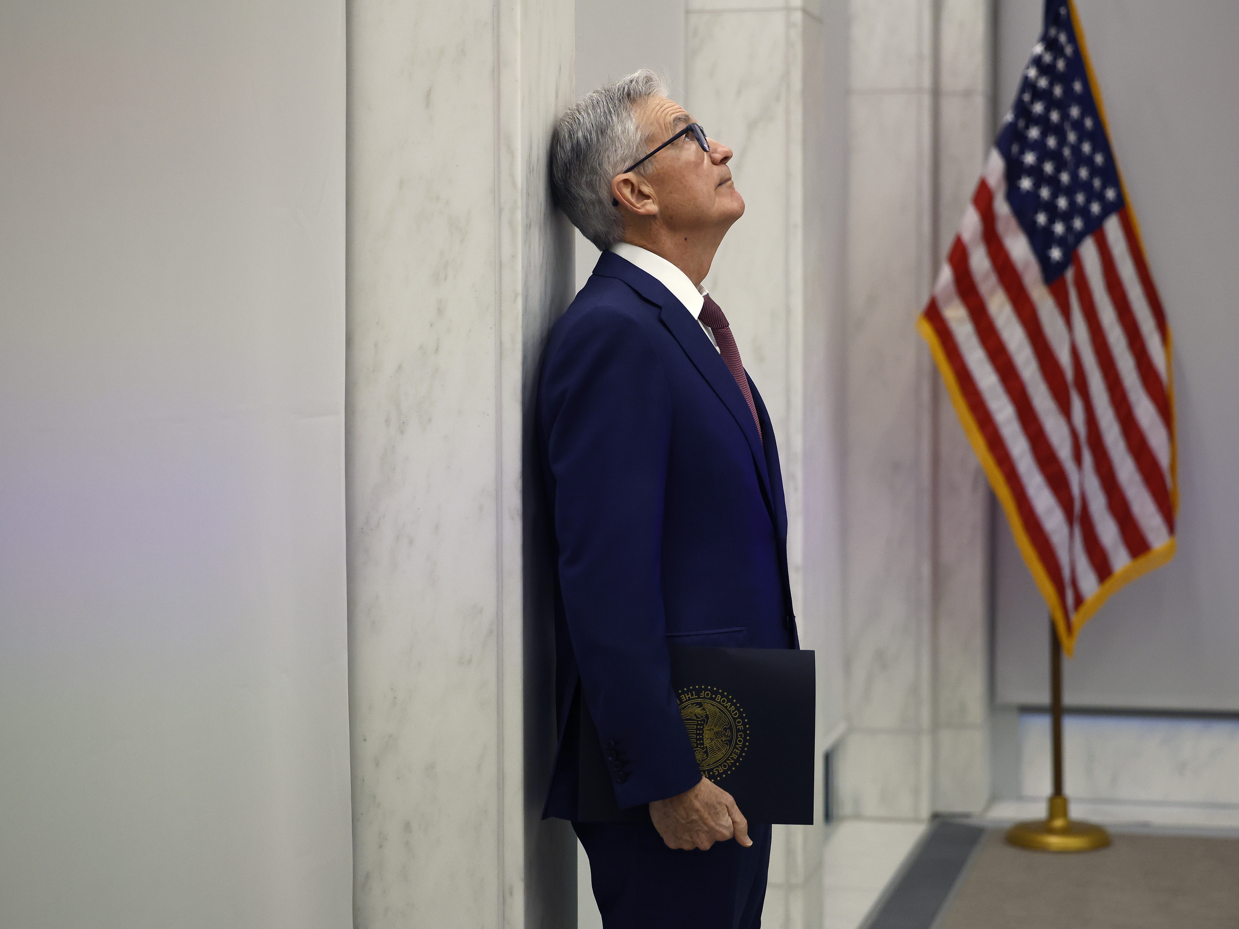 caption: Fed Chair Jerome Powell prepares to deliver remarks at a conference on Nov. 8, 2023, in Washington, D.C. The Fed is set to cut interest rates for the first time since 2001 on Wednesday — but will need to decide on the size of the move.