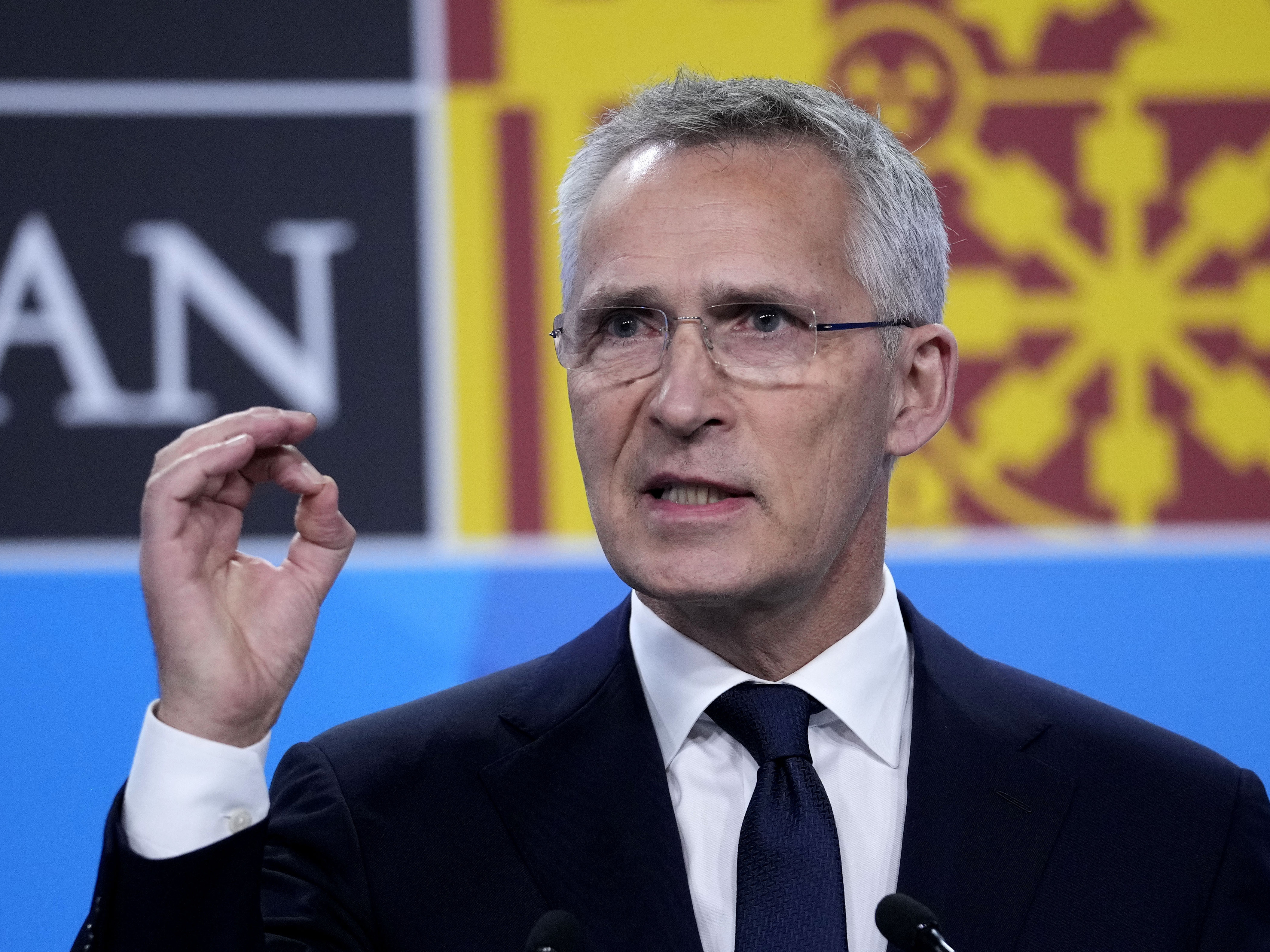 caption: NATO Secretary General Jens Stoltenberg speaks during a media conference at the end of a NATO summit in Madrid, Spain on Thursday, June 30, 2022.