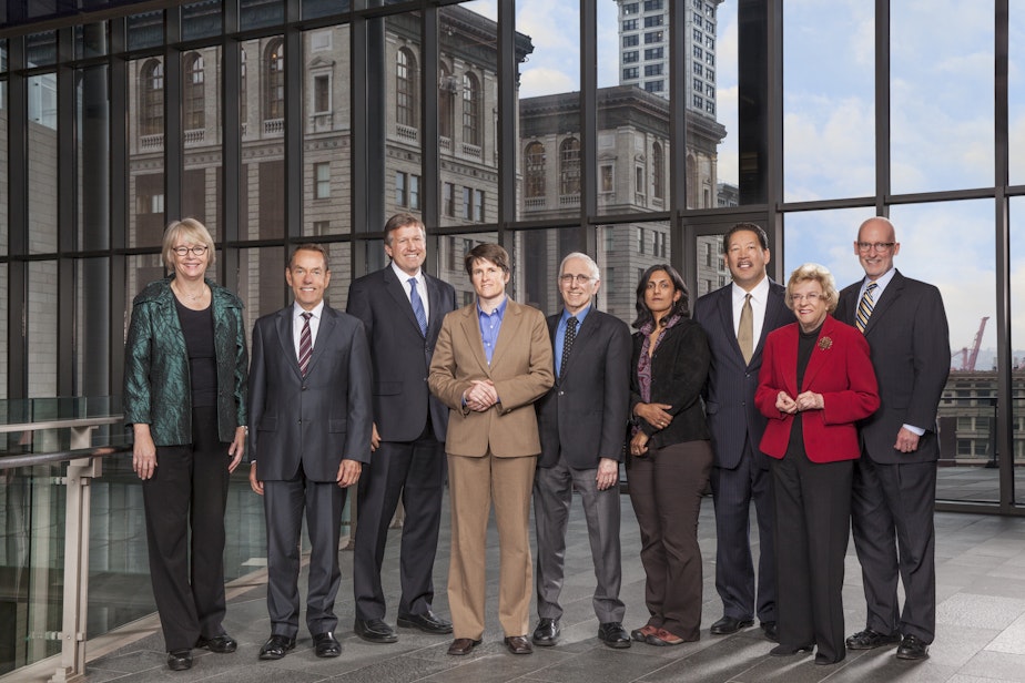 caption: Official photo of the current Seattle City Council. 
