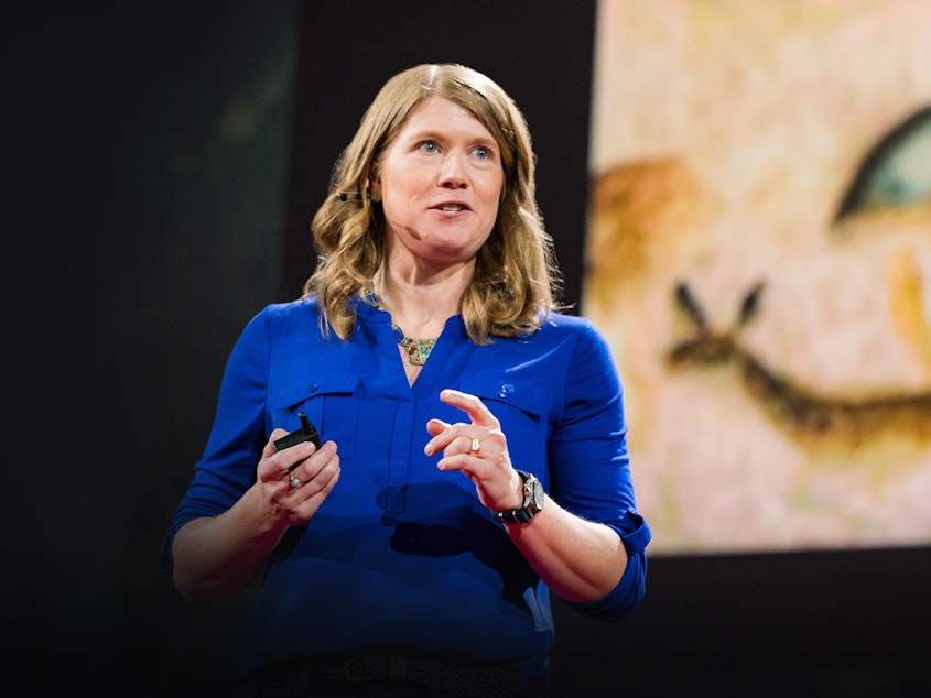 caption: TED2016 TED Prize winner Sarah Parcak speaks at TED2016.