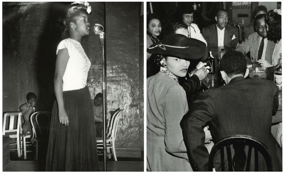 caption: Left, Ernestine Anderson, like still a student at Garfield High School in Seattle's Central District, performing at the Black and Tan. Right, Duke Ellington at the Civic Auditorium in 1949. (To help us ID individuals on the right, note the photo number. This is #12.)