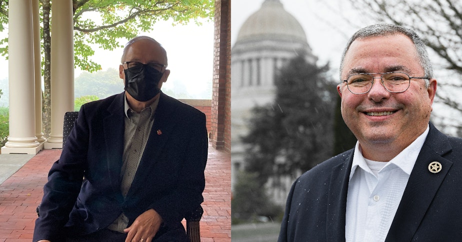 caption: One candidate embraces masks, the other shuns them. It's just one of the many differences between Washington's candidates for governor this year. 