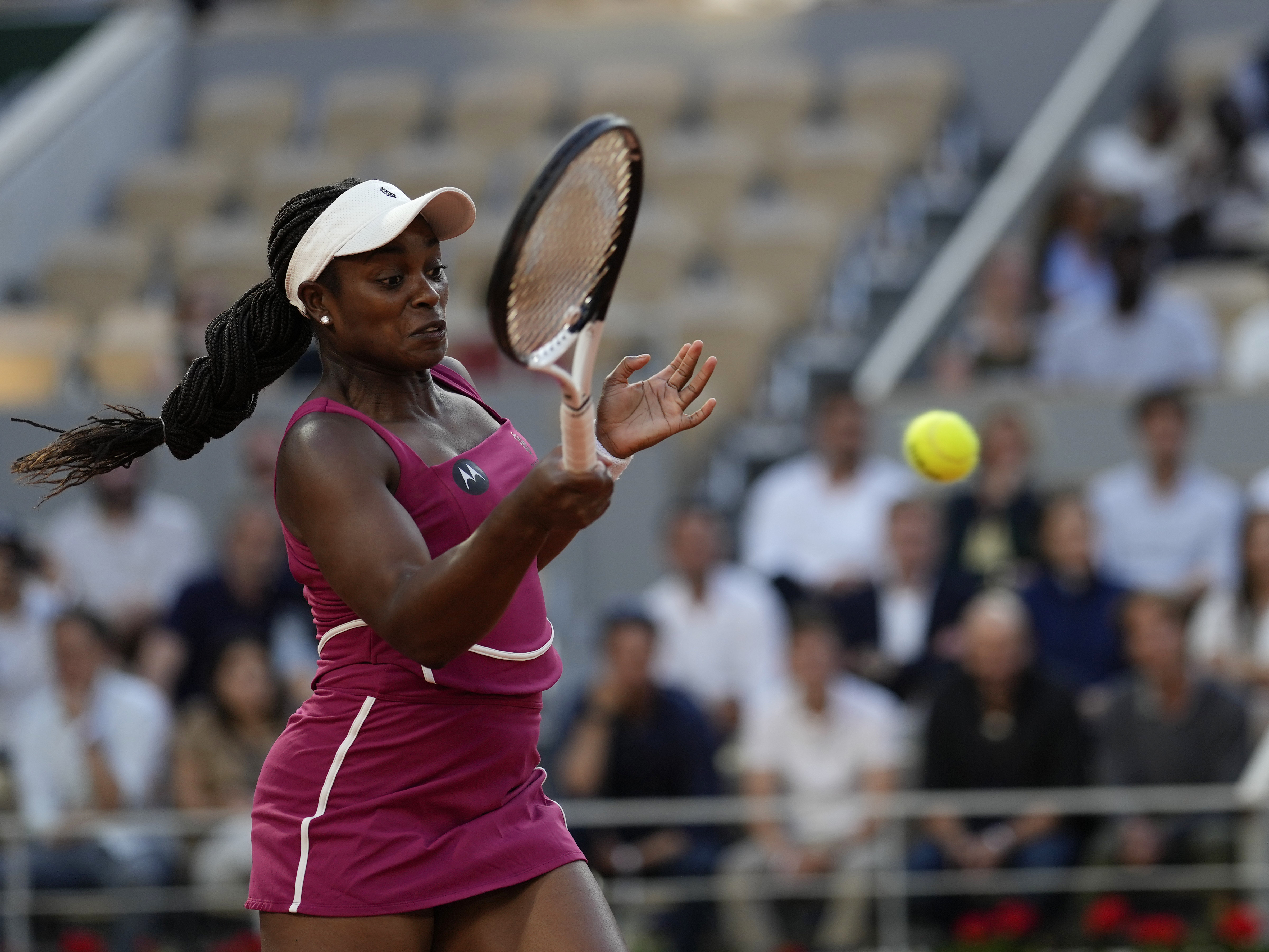 caption: Sloane Stephens of the U.S. plays a shot against Aryna Sabalenka of Belarus during their fourth round match of the French Open tennis tournament at the Roland Garros stadium in Paris, Sunday, June 4, 2023.