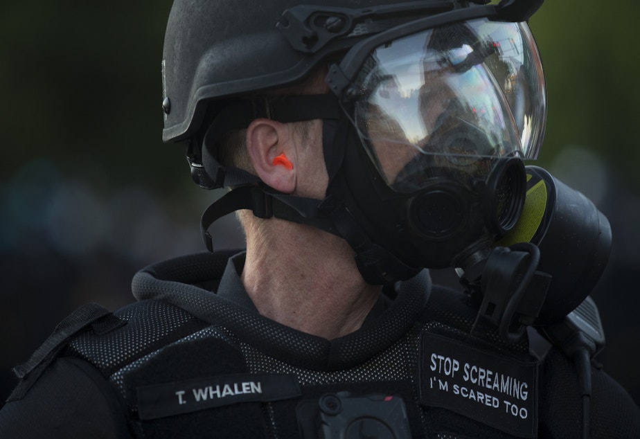 caption: A Seattle Police Department officer wears a patch that reads, 'Stop Screaming, I'm Scared Too,' at the intersection of 11th Avenue and East Pine Street following the Youth Liberation Front march in solidarity with Portland, on Saturday, July 25, 2020, in Seattle.