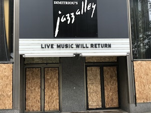 caption: Jazz Alley in downtown Seattle, November 2020 after months of pandemic shut downs and challenges facing businesses and arts organizations. 