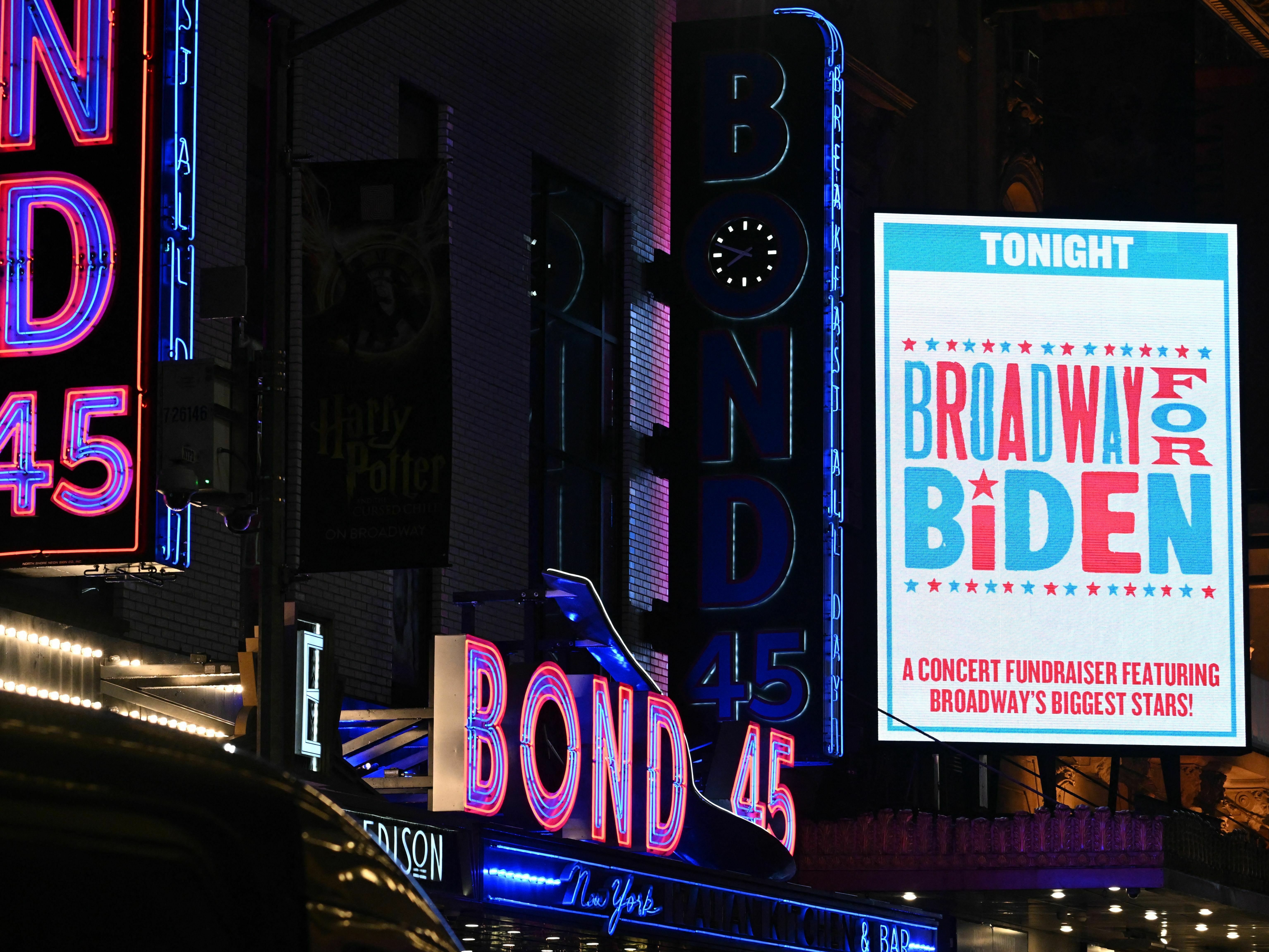 caption: President Biden went to four fundraisers while he was in New York City attending the U.N. General Assembly, including this one at the Lunt-Fontanne Theatre on Broadway on Sept. 19.