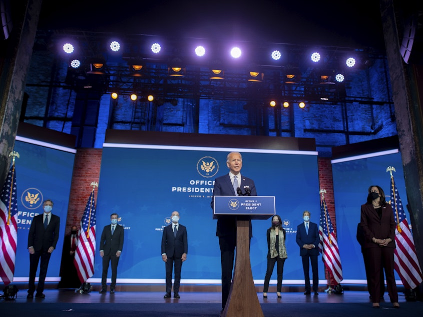 caption: President-elect Joe Biden introduces key foreign policy and national security nominees and appointments at The Queen theater in Wilmington, Del., on Nov. 24.