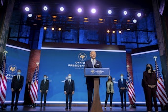 caption: President-elect Joe Biden introduces key foreign policy and national security nominees and appointments at The Queen theater in Wilmington, Del., on Nov. 24.