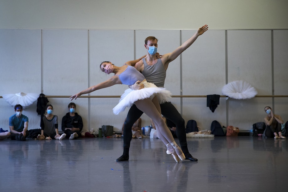 caption: Juliet Prine and James Kirby Rogers rehearse for the Pacific Northwest Ballet's Nutcracker performance on Friday, November 19, 2021, at McCaw Hall in Seattle. 