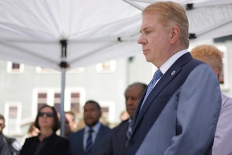 caption: Former Mayor Ed Murray at a press conference in the University District in September 2016. Murray resigned this week after his cousin accused him of sexual abuse in the mid-1970s.