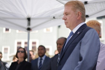 caption: Former Mayor Ed Murray at a press conference in the University District in September 2016. Murray resigned this week after his cousin accused him of sexual abuse in the mid-1970s.