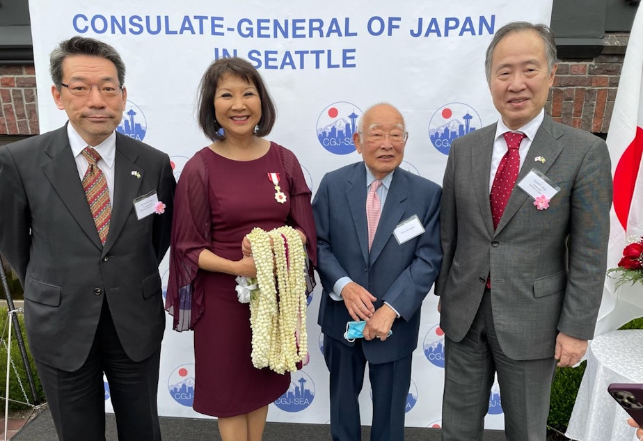 caption: Hisao Inagaki, Consul General of Japan in Seattle; Lori Matsukawa, former King 5 anchor; Tomio Moriguchi, former President of Uwajimaya; Koji Tomita, Japanese Ambassador to the United States 