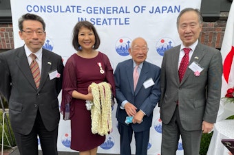 caption: Hisao Inagaki, Consul General of Japan in Seattle; Lori Matsukawa, former King 5 anchor; Tomio Moriguchi, former President of Uwajimaya; Koji Tomita, Japanese Ambassador to the United States 