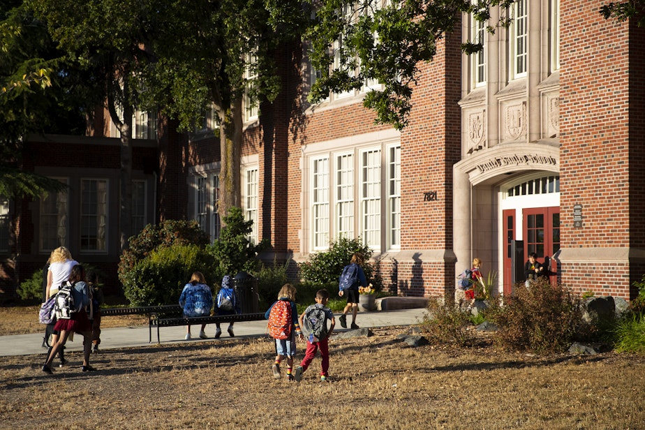 caption: Students arrive for the first day of school on Wednesday, September 6, 2023, at Daniel Bagley Elementary School in Seattle. 
