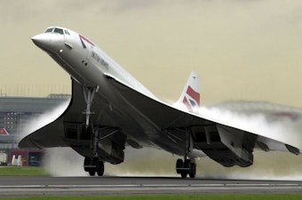 caption: A British Airways Concorde takes off from London's Heathrow Airport in 2001.