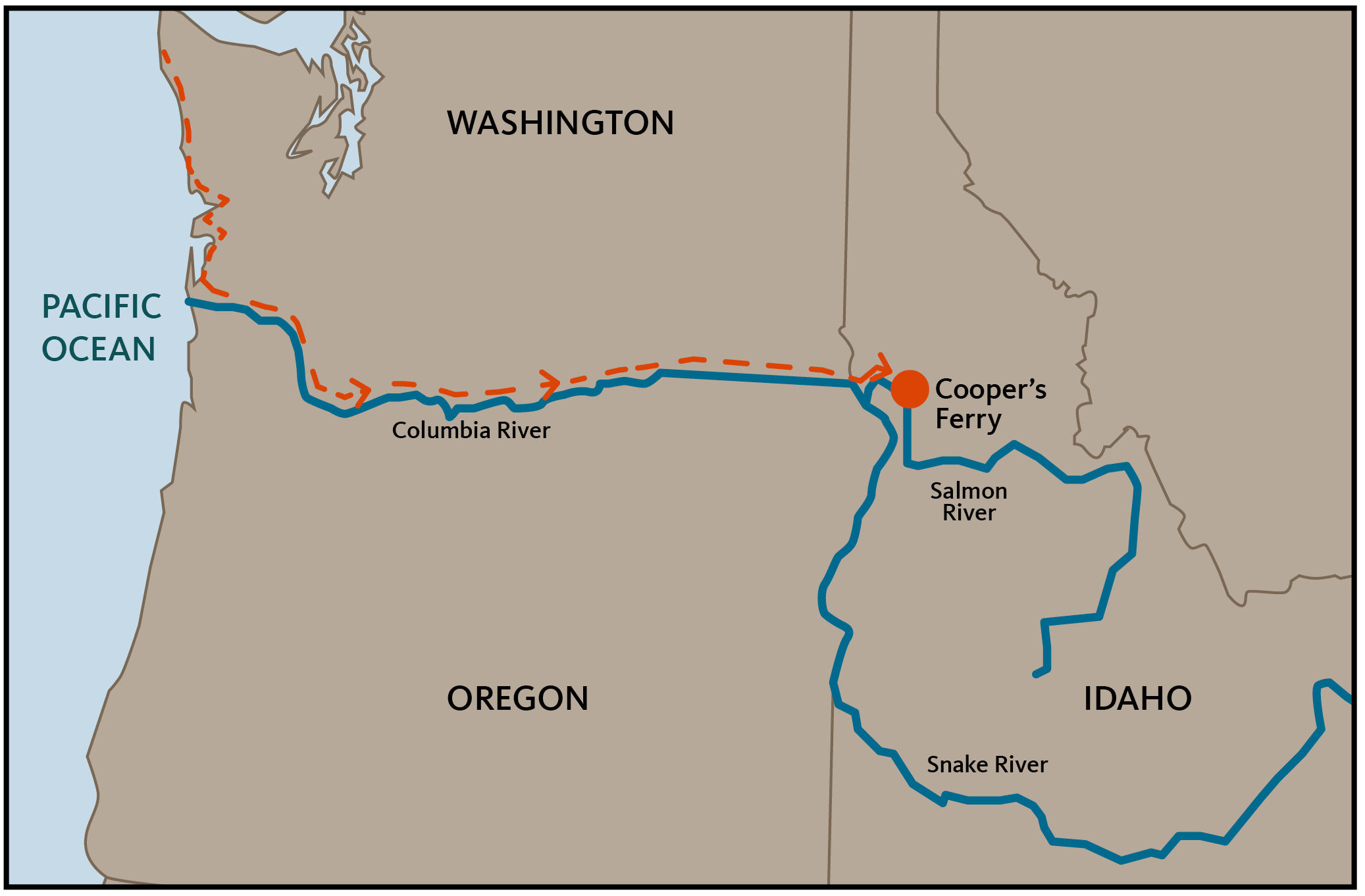caption: The possible migration route the earliest Americans took to arrive in western Idaho.