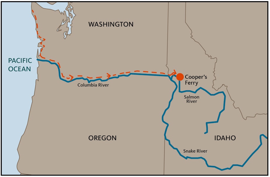 caption: The possible migration route the earliest Americans took to arrive in western Idaho.