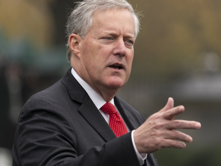 caption: Then-White House chief of staff Mark Meadows speaks with reporters on Oct. 21, 2020.