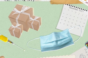 Collage of gifts, a syringe full of vaccine, a surgical mask, and a calendar set to December, surrounded in a frame made of a hodgepodge of letters and mail