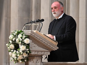 caption: World Central Kitchen Founder José Andrés speaks Thursday at the Washington National Cathedral during an interfaith memorial service for the seven workers from the group who were killed in Gaza.