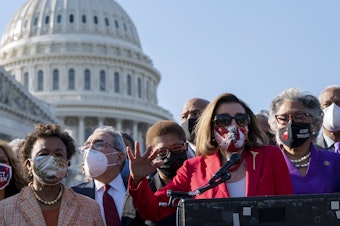 caption: House Speaker Nancy Pelosi speaks alongside members of the Congressional Black Caucus on Tuesday following the verdict against former Minneapolis police officer Derek Chauvin for the murder of George Floyd.