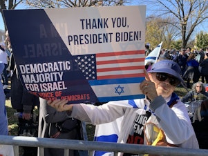 caption: Yaffa Rubinstein, 75, attended a recent pro-Israel rally in Washington, D.C. She supports President Biden but says she's disappointed with what she calls anti-Israel rhetoric from some Democrats.