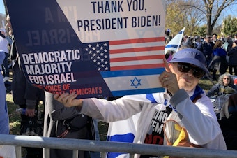 caption: Yaffa Rubinstein, 75, attended a recent pro-Israel rally in Washington, D.C. She supports President Biden but says she's disappointed with what she calls anti-Israel rhetoric from some Democrats.