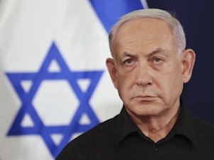 caption: FILE - Israeli Prime Minister Benjamin Netanyahu attends a press conference in the Kirya military base in Tel Aviv, Israel on Oct. 28, 2023.