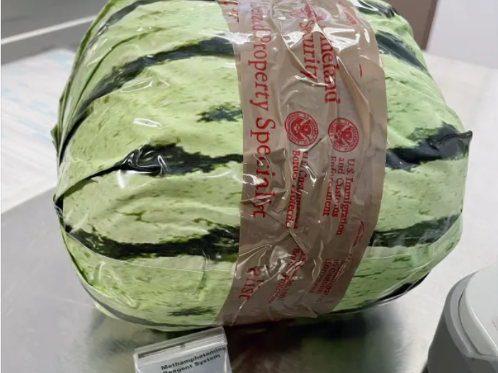 caption: U.S. Customs and Border Protection officers discovered nearly $5 million worth of methamphetamine that was disguised as watermelons at a San Diego checkpoint on Aug. 16.