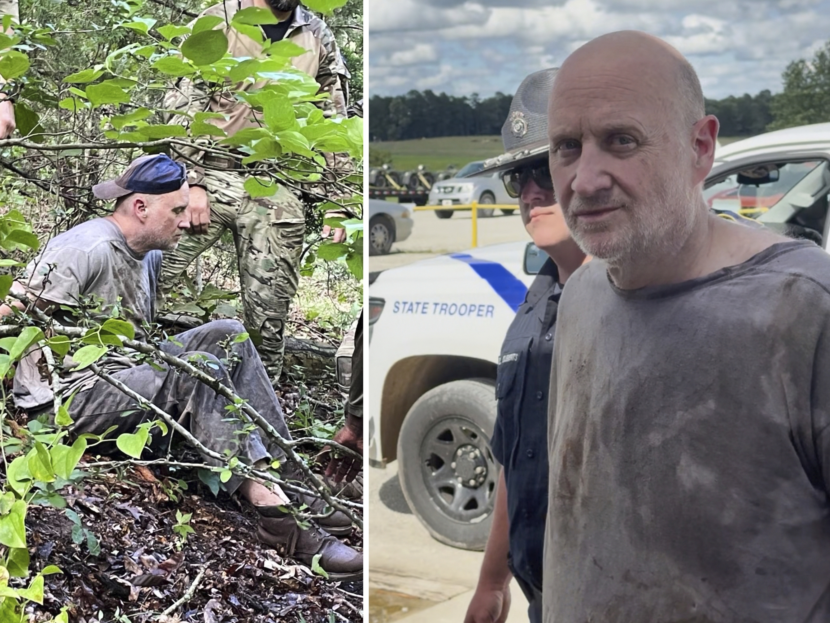 caption: This combo of images released by the Arkansas Department of Corrections shows the recapture of escaped inmate Grant Hardin, an ex-police chief and convicted killer, by Arkansas law enforcement officers and the U.S. Border Patrol on Friday, near Moccasin Creek in Izard County, about 1.5 miles northwest of Calico Rock prison.