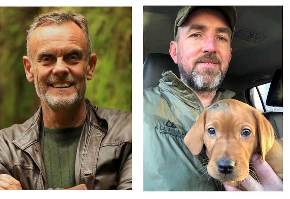 caption: Paul Lister (left) and Innes MacNeil (right) with his dog Baxter.
