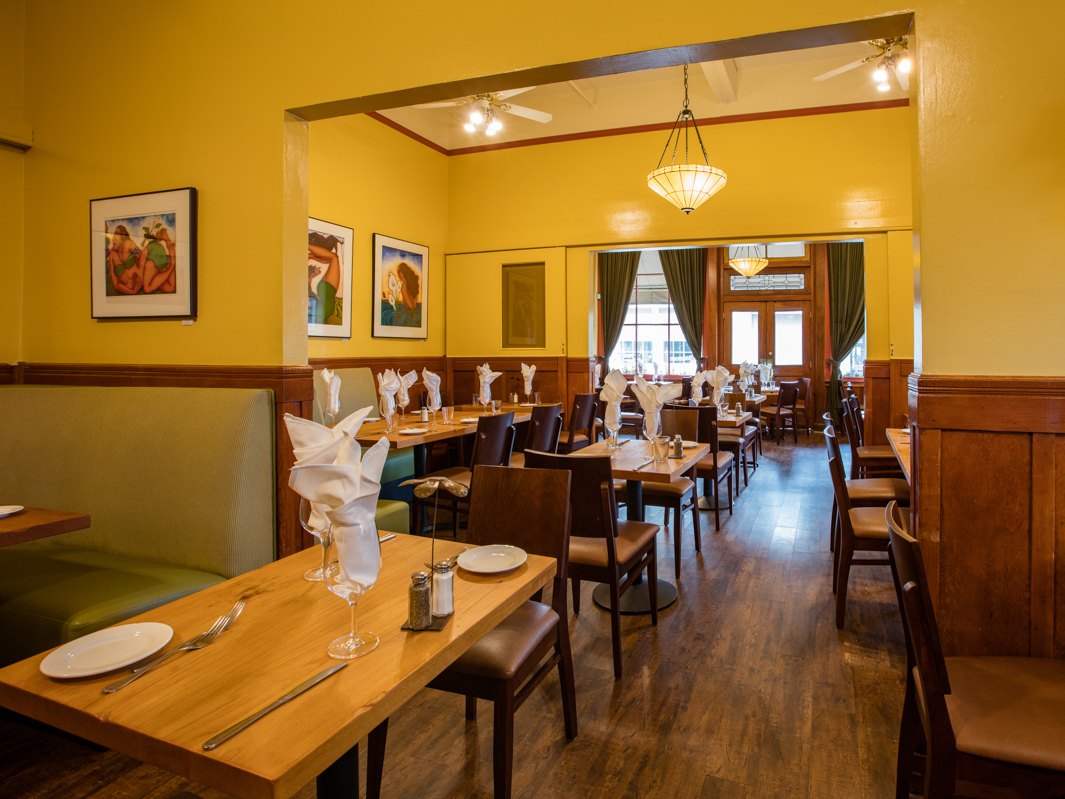 caption: The Girl & The Fig's inside dining room is empty these days.