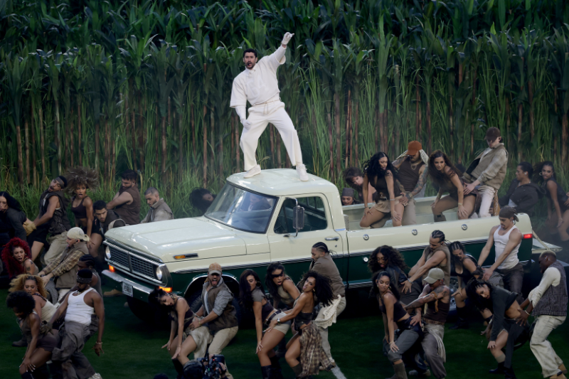 caption: Bad Bunny performs during the Apple halftime show of the NFL Super Bowl 60 football game between the Seattle Seahawks and the New England Patriots, Sunday, Feb. 8, 2026, in Santa Clara, Calif. 
