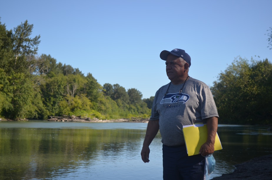 caption: Merle Jefferson of the Lummi Nation, along the Nooksack River near Bellingham Bay.