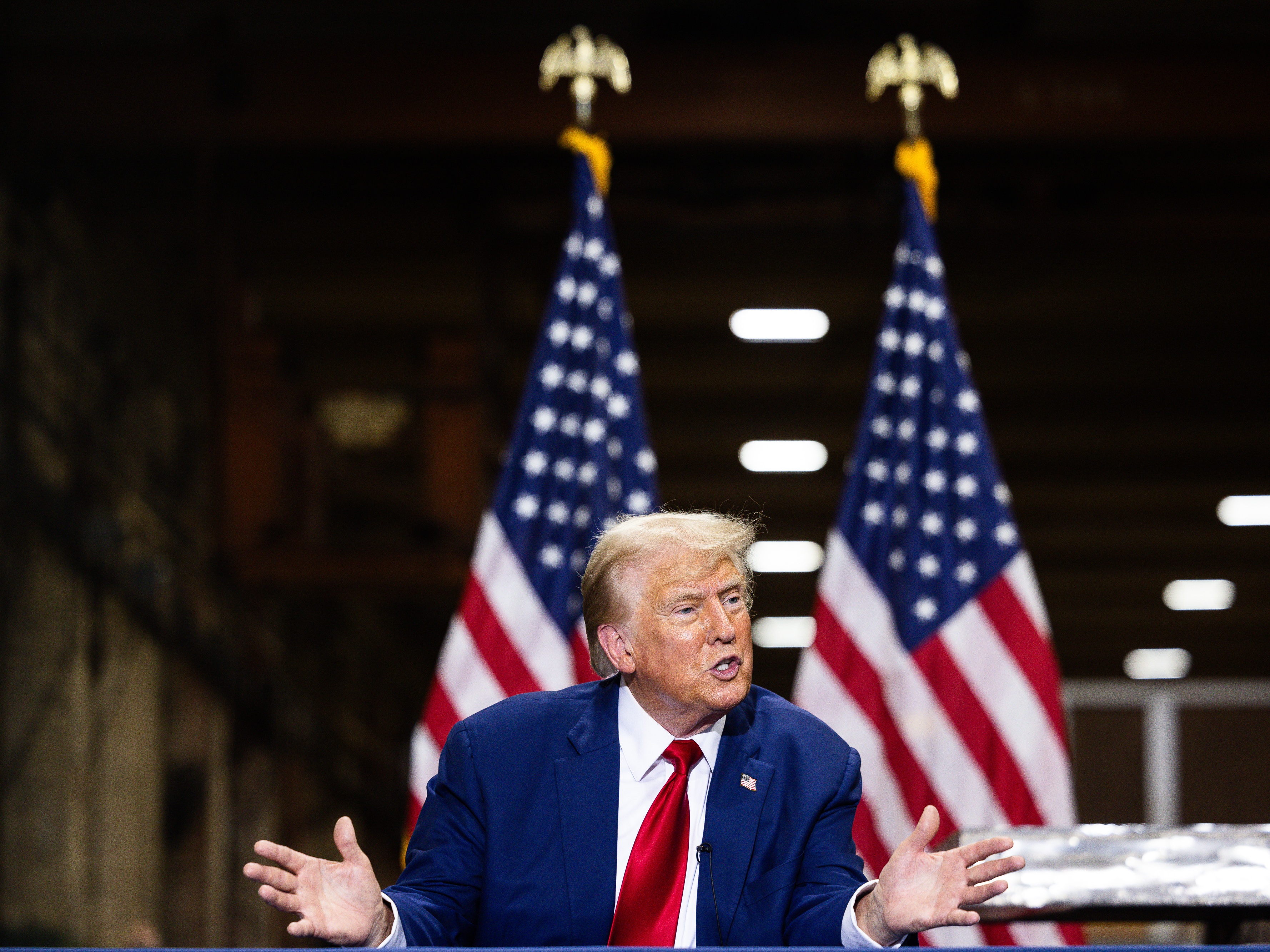 caption: Republican Presidential nominee, former president Donald J. Trump remarks during a campaign event at Precision Custom Components on August 19, 2024 in York, Pa.