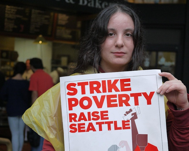 caption: Christina Rodriguez, 25, was one of dozens of fast food workers who walked off the job during fast food in Seattle strikes in 2013. 